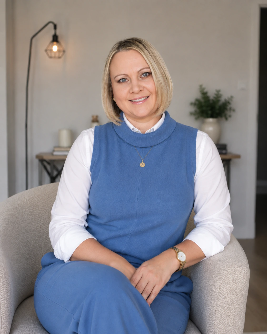 Portrait of the founder of Build Along the Way seated in a blue outfit