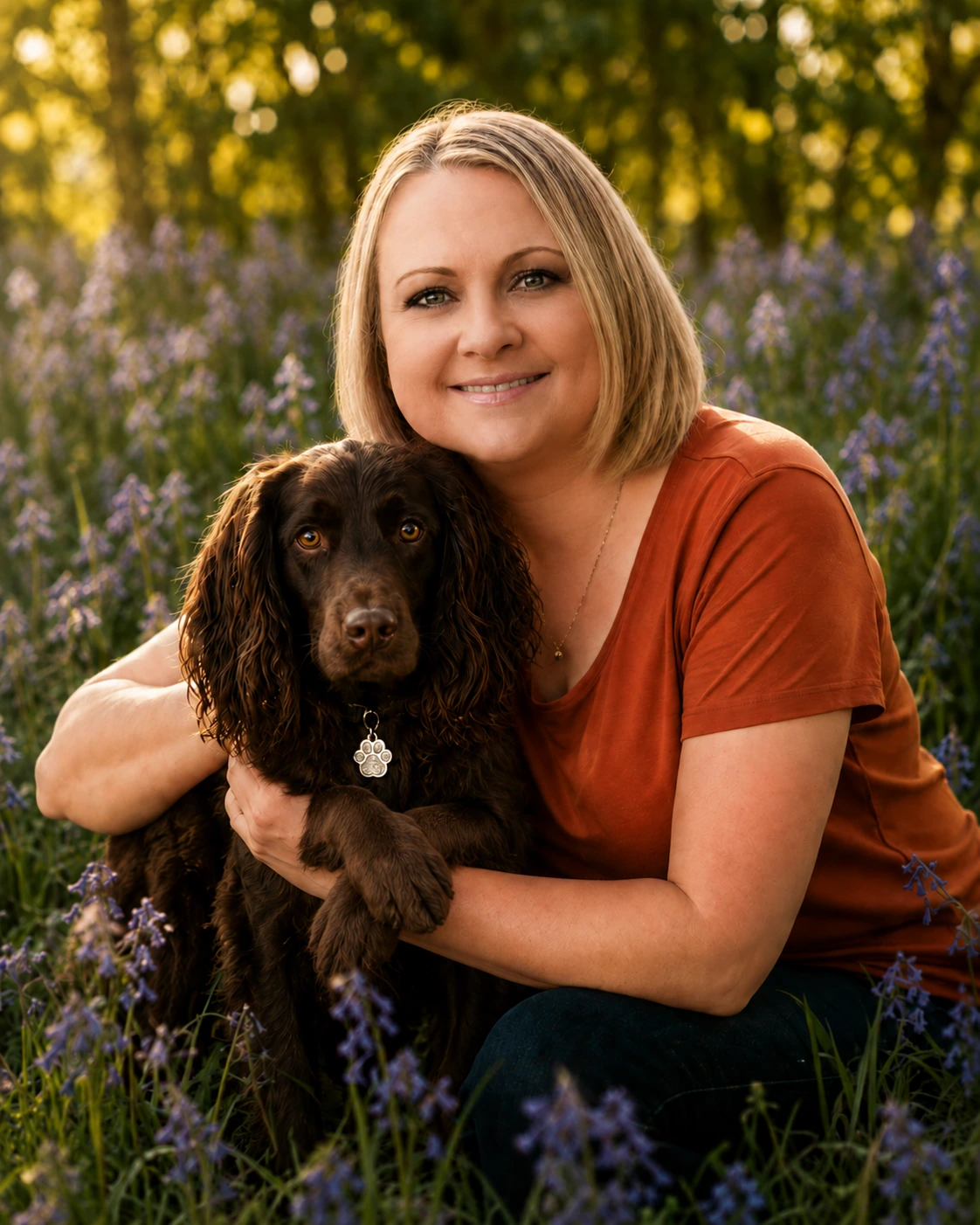 Portrait with a dog in a flower field