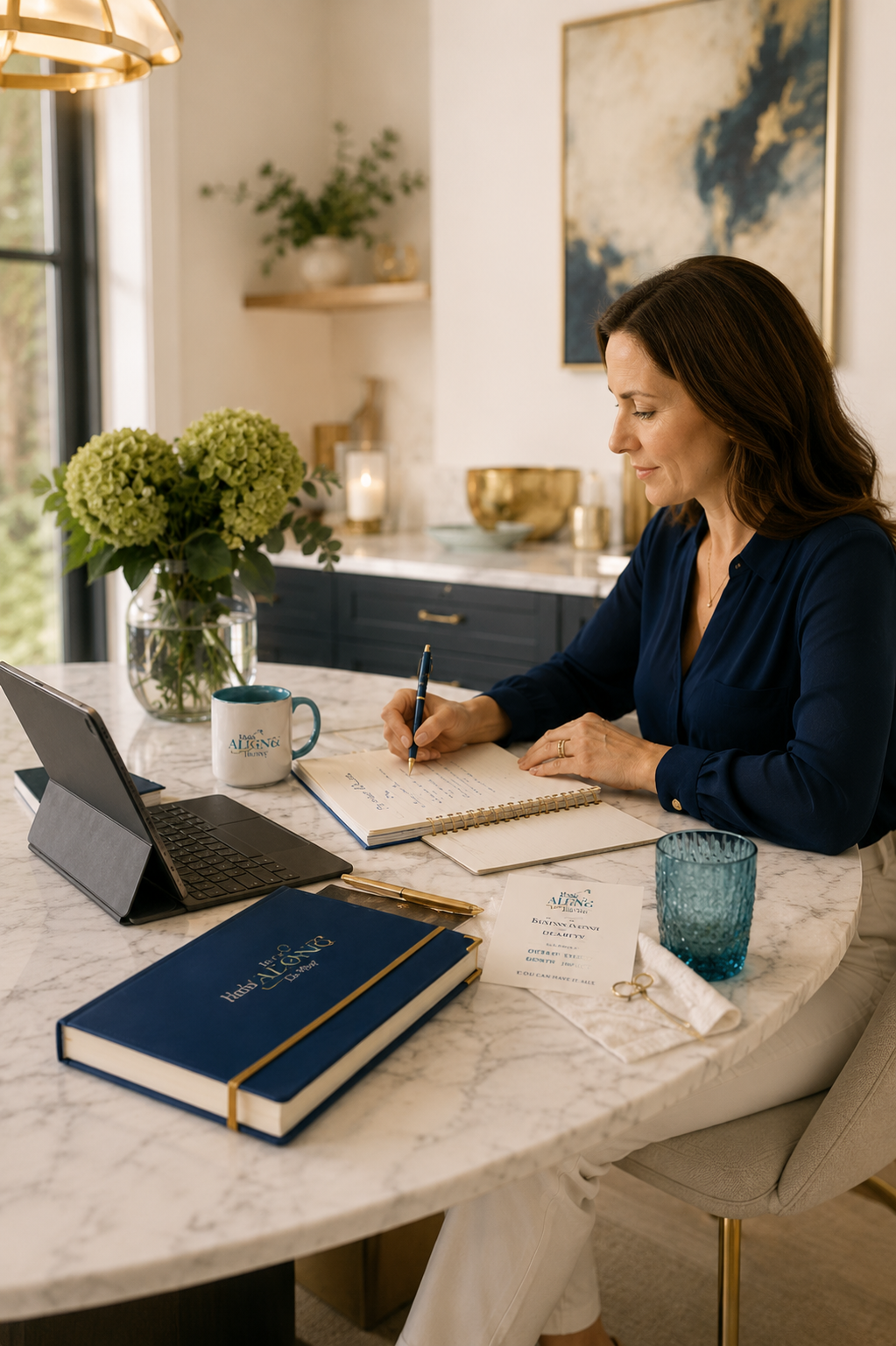 Woman writing in the workbook at a marble table